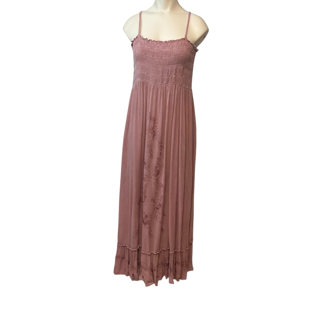 RETRO Small - Medium Maxi Dress Stretch Bust Embroidery Details Mauve Pink Lace - Picture 2 of 8